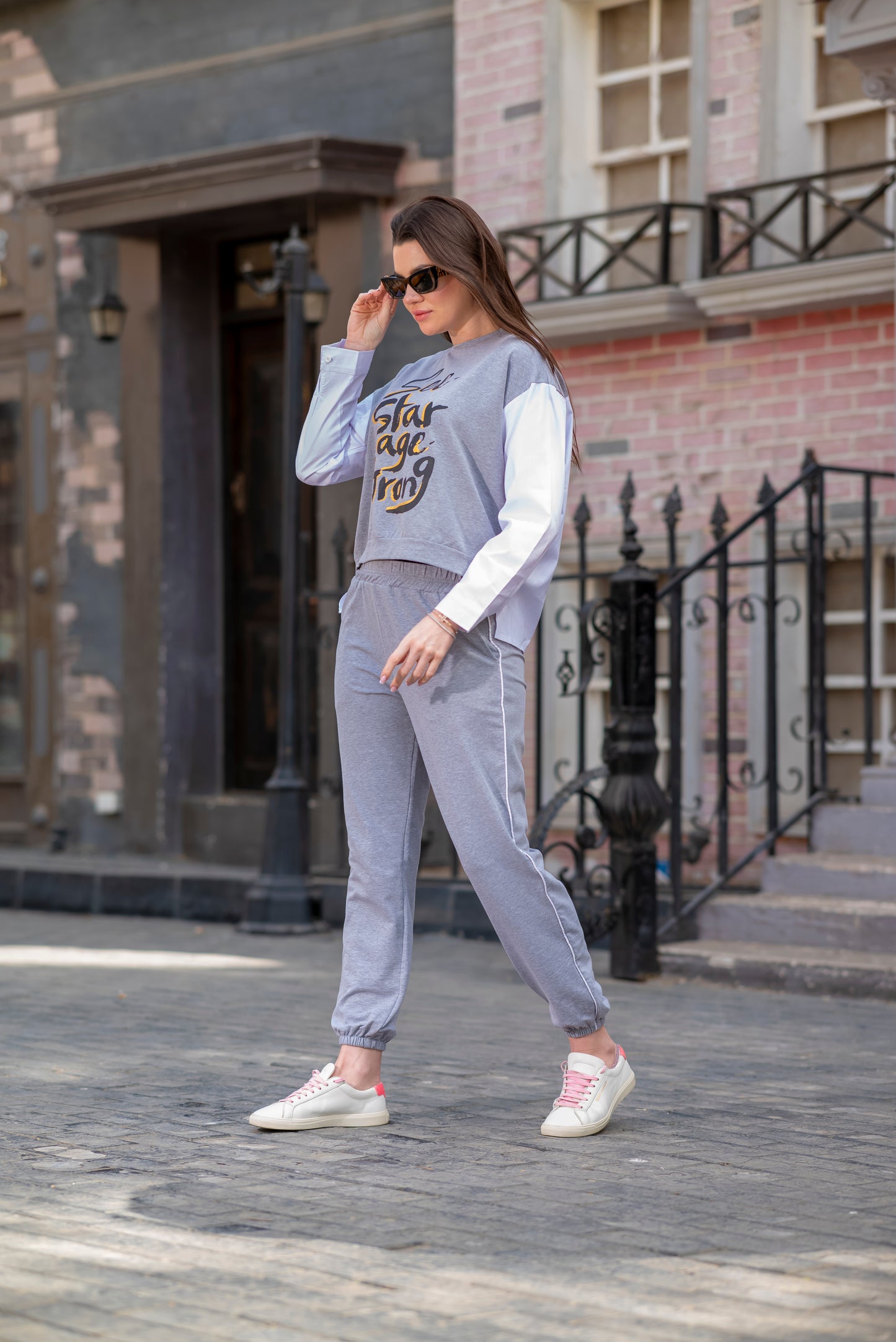 Gray Printed Contrast Sleeve Tracksuit