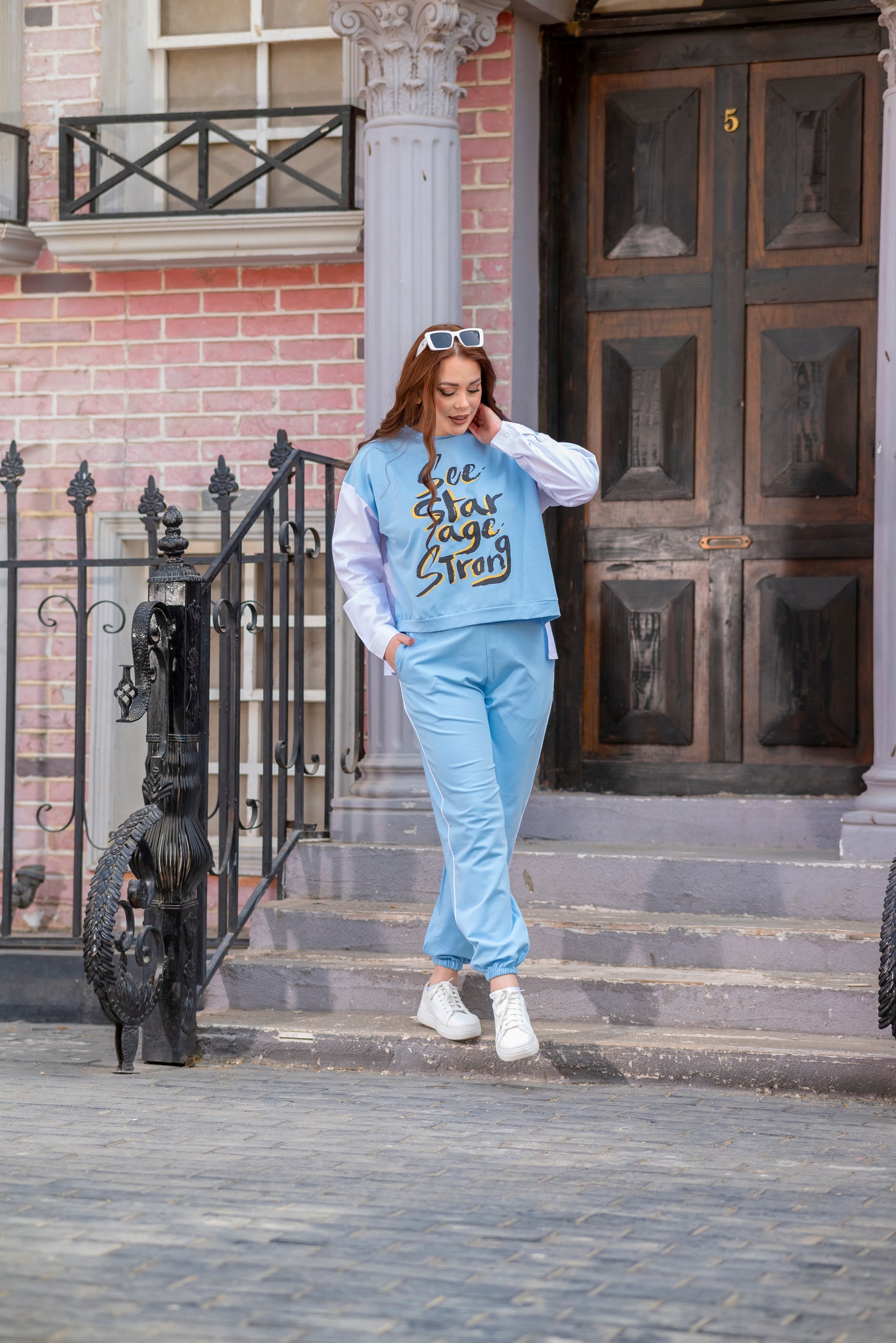 Sky Blue Printed Contrast Sleeve Tracksuit