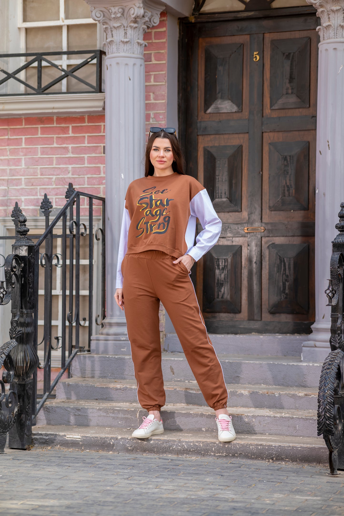 Brown Printed Contrast Sleeve Tracksuit