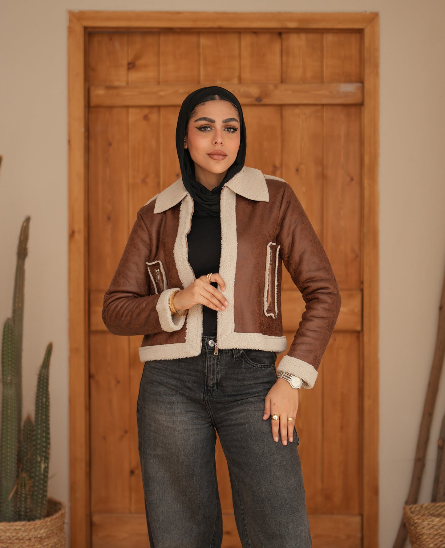 Cropped Leather Jacket - Brown