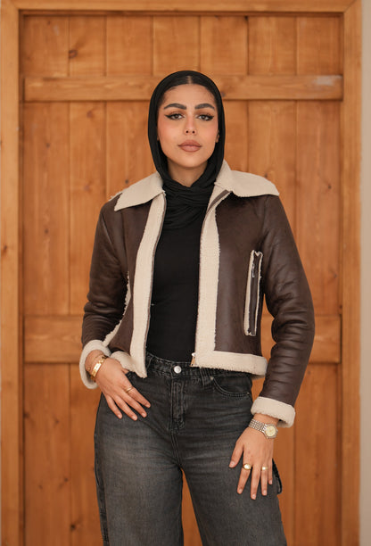 Cropped  Leather Jacket - Dark Brown