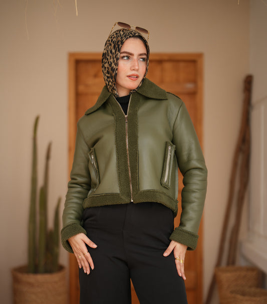 Cropped Leather Jacket - Olive