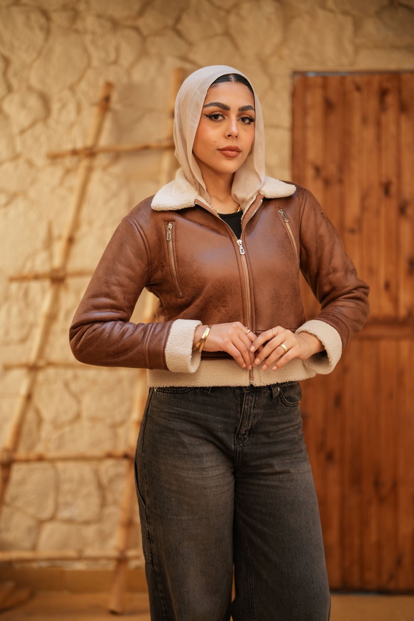 Cropped  Leather Jacket - Camel